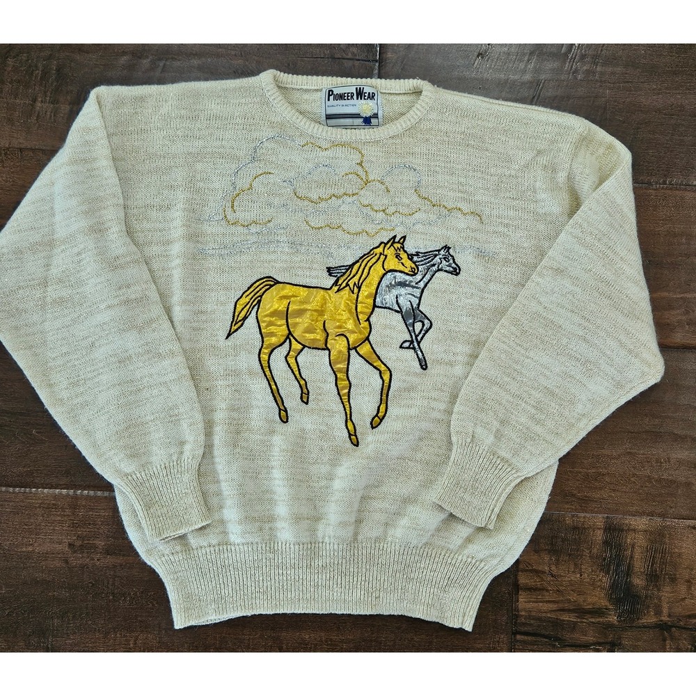 RARE VTG Western Wild Horse Equestrian Metallic Knit Sweater Gold Silver XL